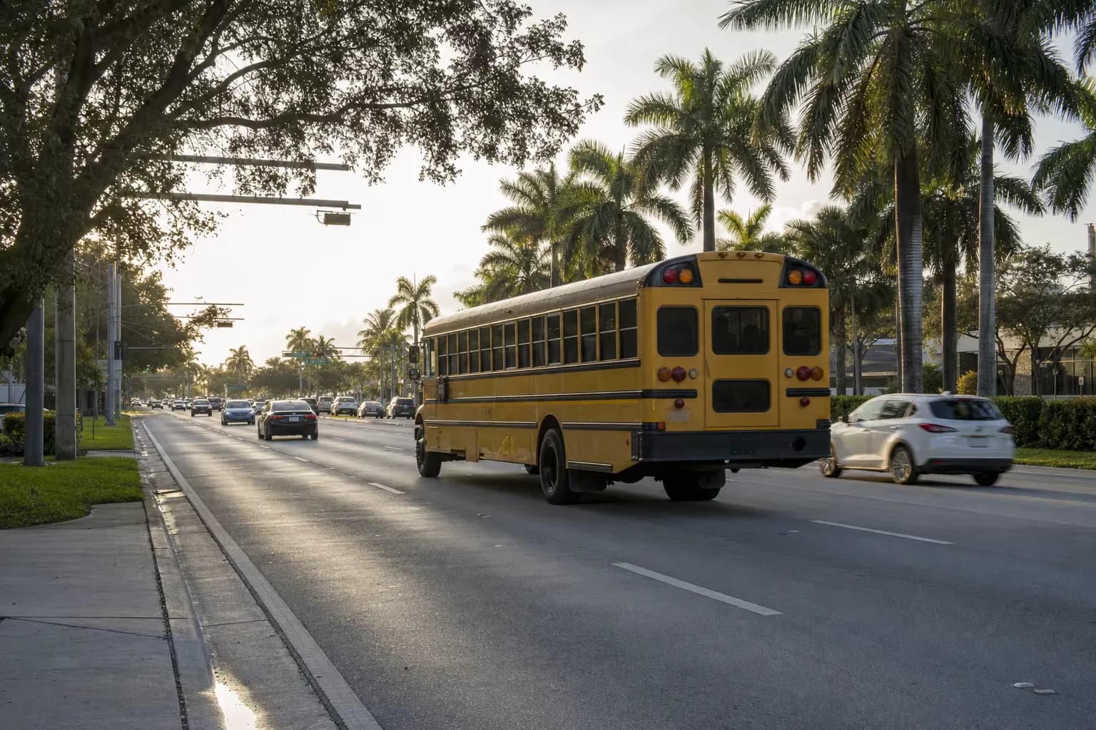 A yellow school bus moving through Kendall traffic on a wide Miami road