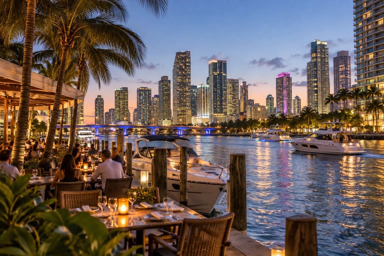Boats and illuminated Downtown Miami across the Miami River beside Casablanca Seafood Bar & Grill