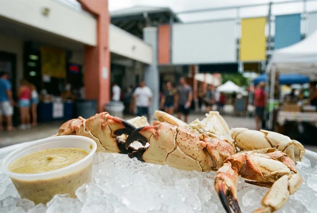Cracked claws set out on crushed ice with mustard sauce alongside
