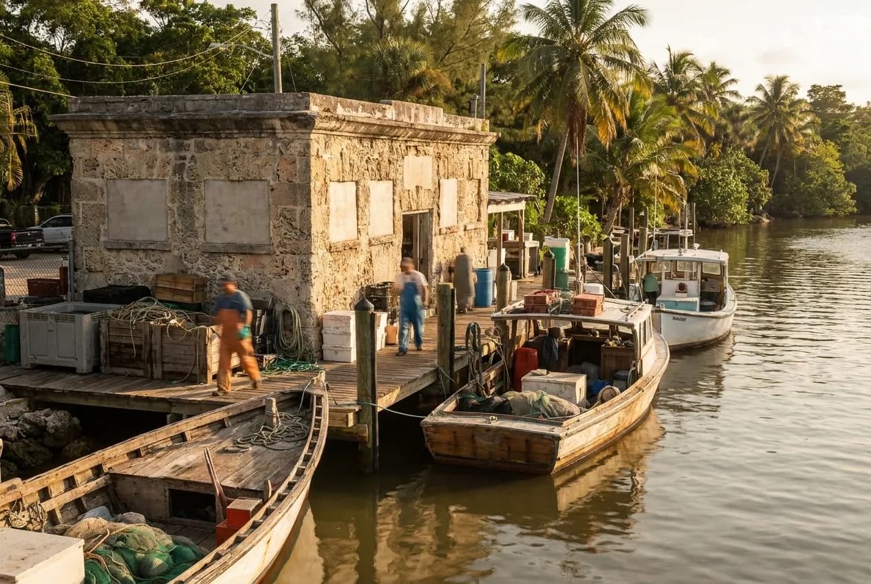 A working river dock with fishing boats tied alongside a low fish house