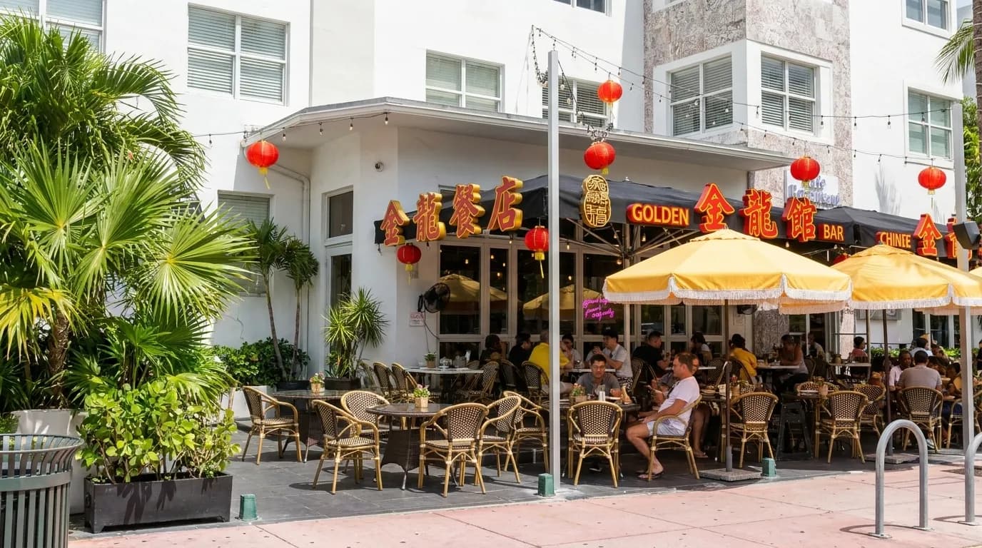 Tropical Chinese restaurant exterior in Miami with traditional signage