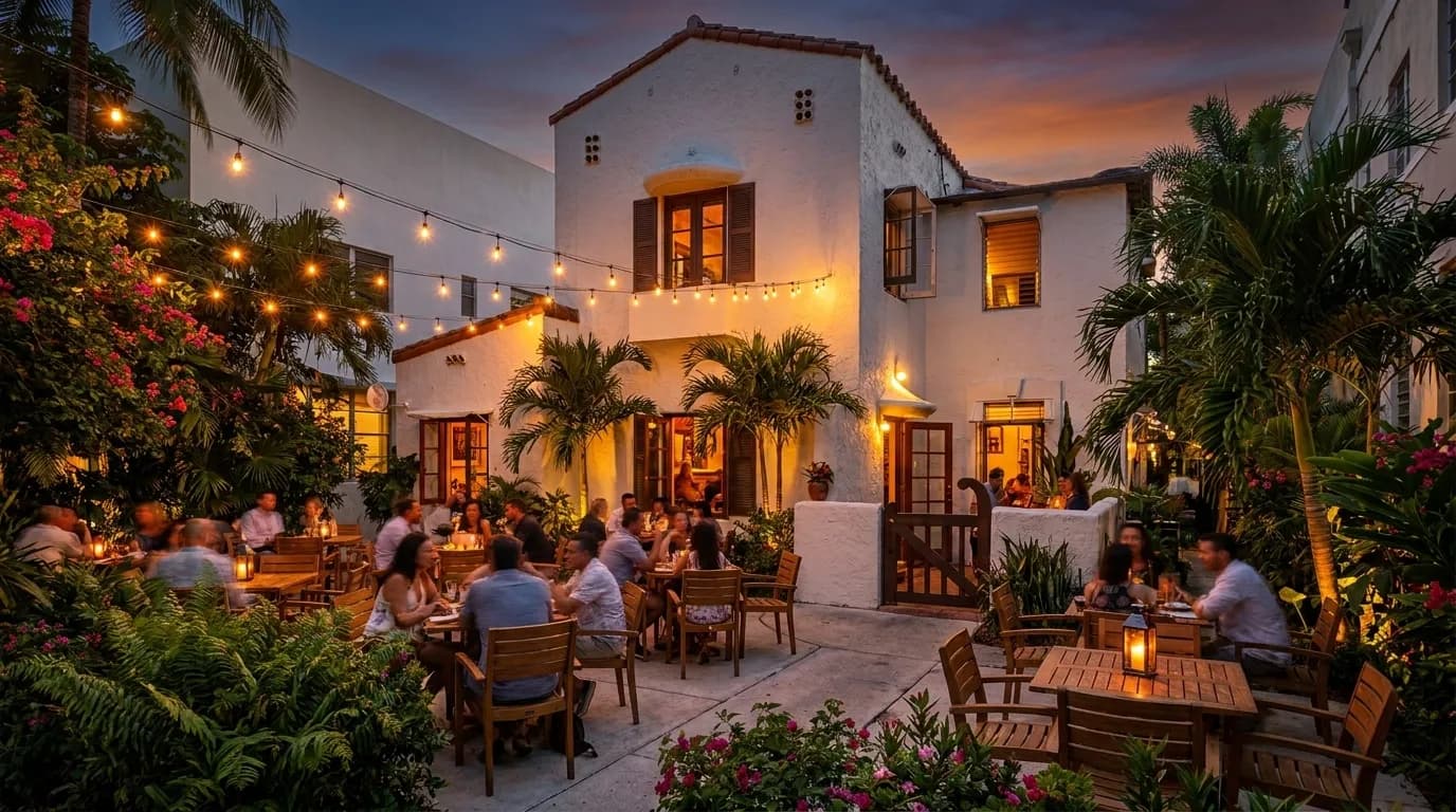 Evening scene at Broken Shaker's tropical courtyard bar in Miami Beach