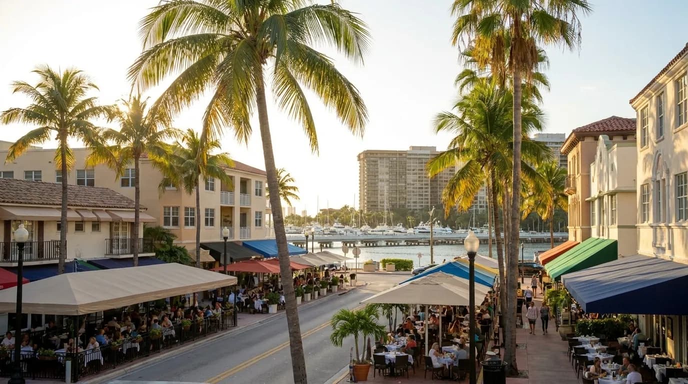Tree-lined street in Coconut Grove during golden hour