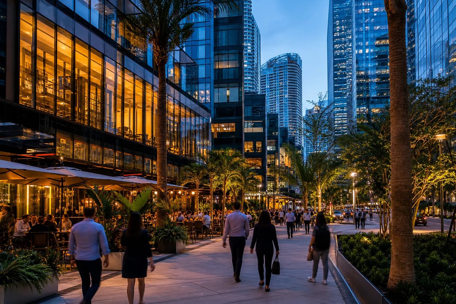 Brickell street at night with glowing bar windows and downtown towers