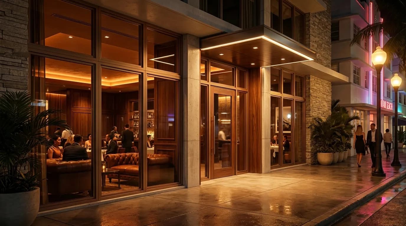 Prime 112 restaurant exterior at night in Miami Beach