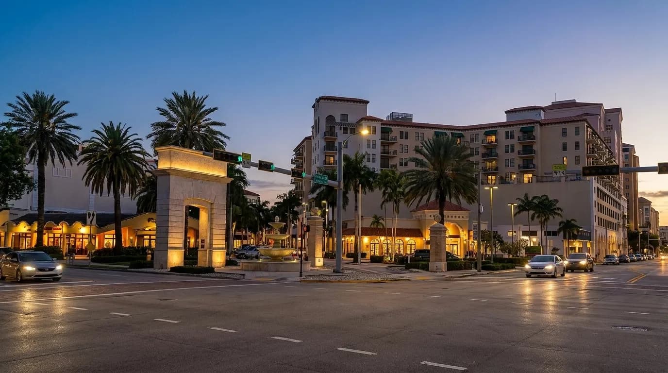 Coral Gables streetscape at dusk with historic buildings