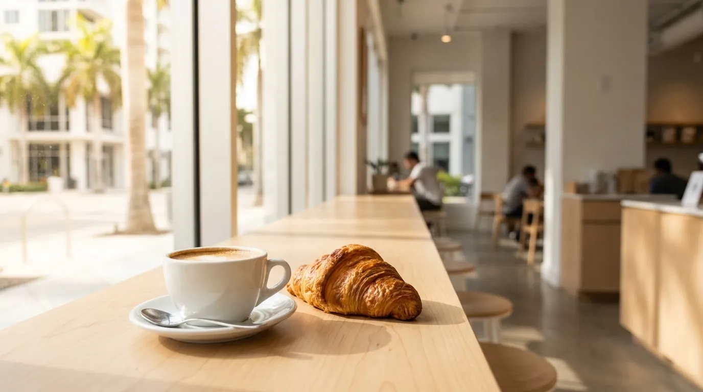 Espresso cup and pastry on wooden counter at Miami coffee shop
