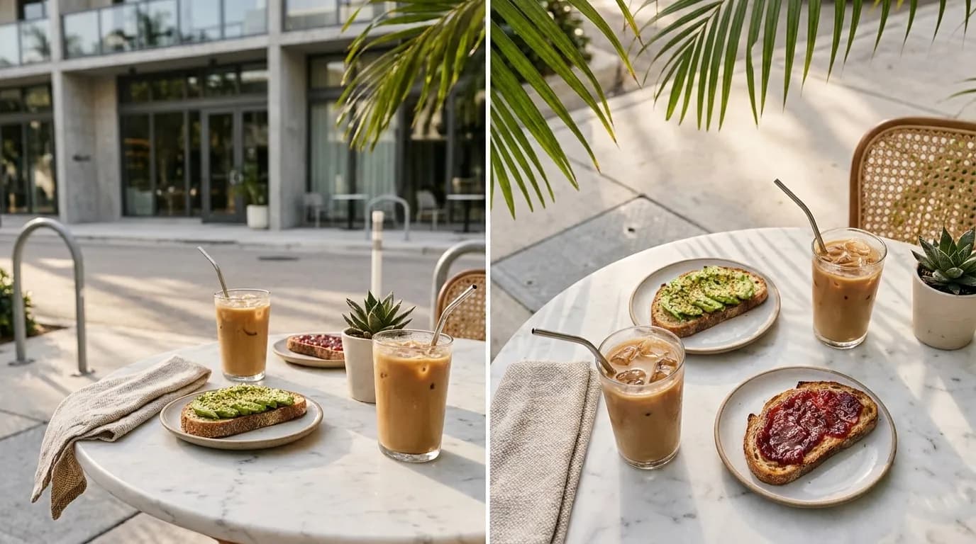 Coffee and baked goods on outdoor cafe table in Sunset Harbour