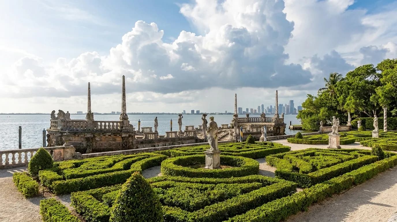 Vizcaya's Italian Renaissance gardens overlooking Biscayne Bay with formal terraces and stone balustrades