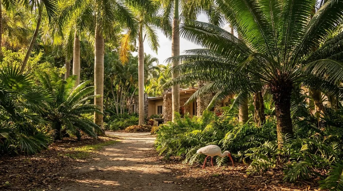 Palm-lined pathways and tropical collections at Fairchild Tropical Botanic Garden