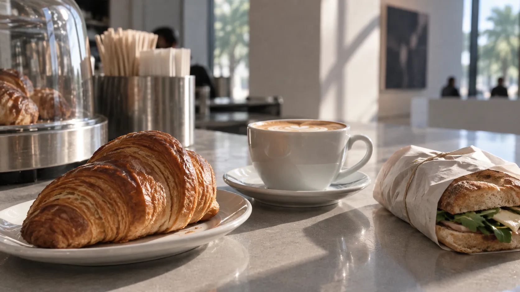 Croissant, coffee and a wrapped sandwich at The Bass café counter, lit by cool windows in the contemporary interior.