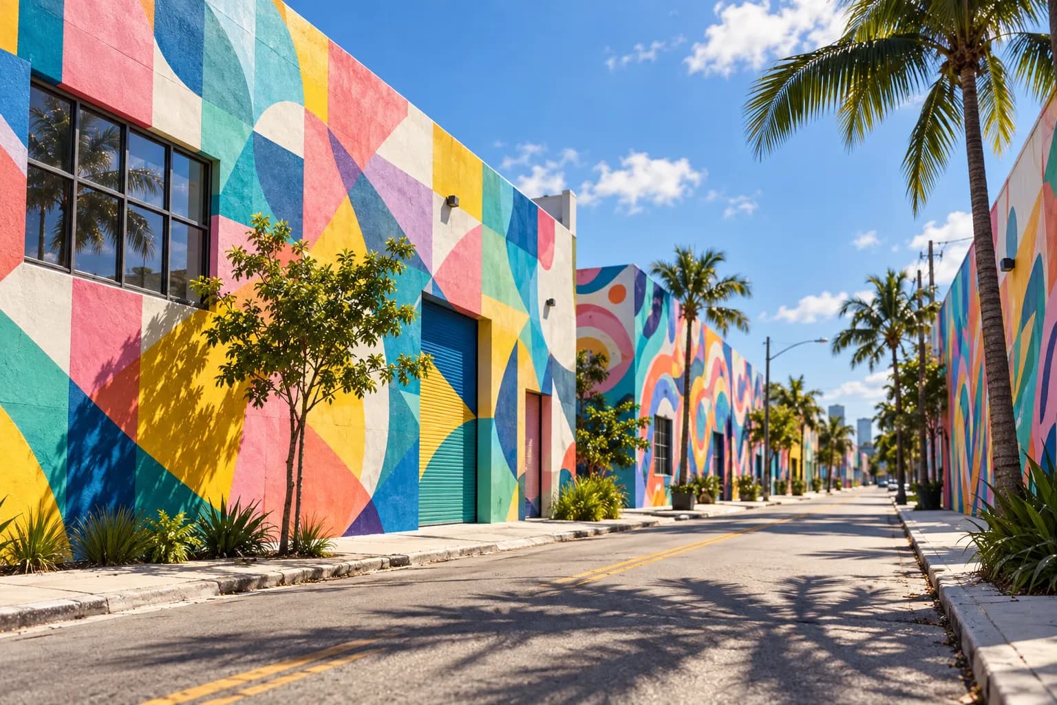A Wynwood street of warehouse walls covered in large-scale painted murals