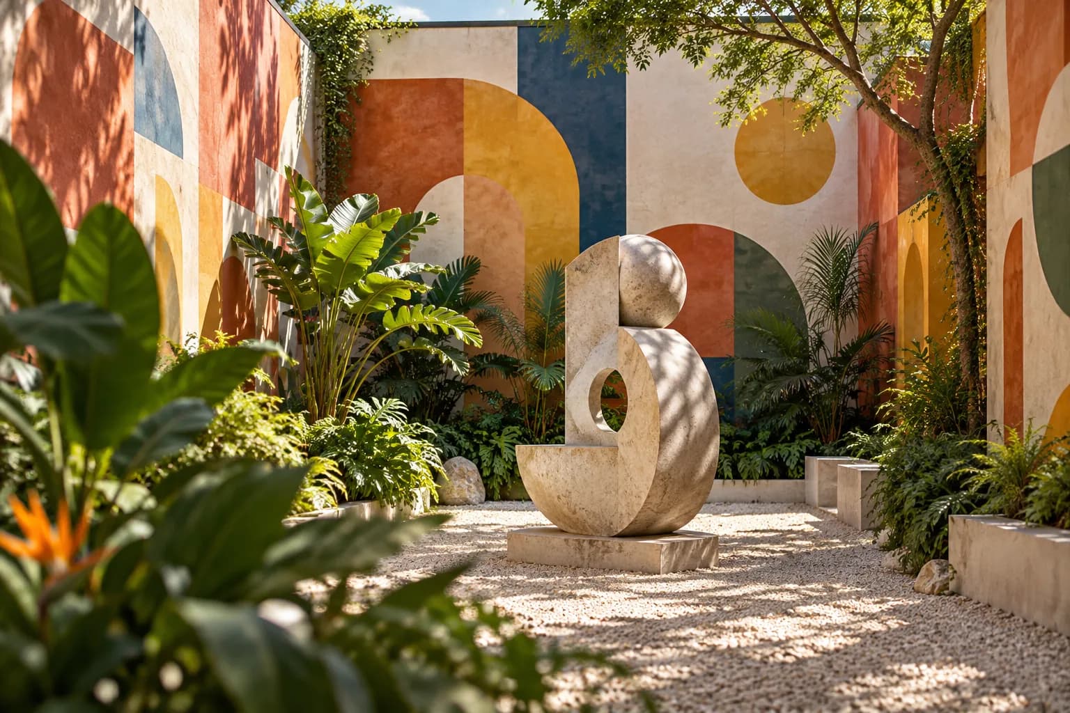 A courtyard of painted warehouse walls with planting and sculpture