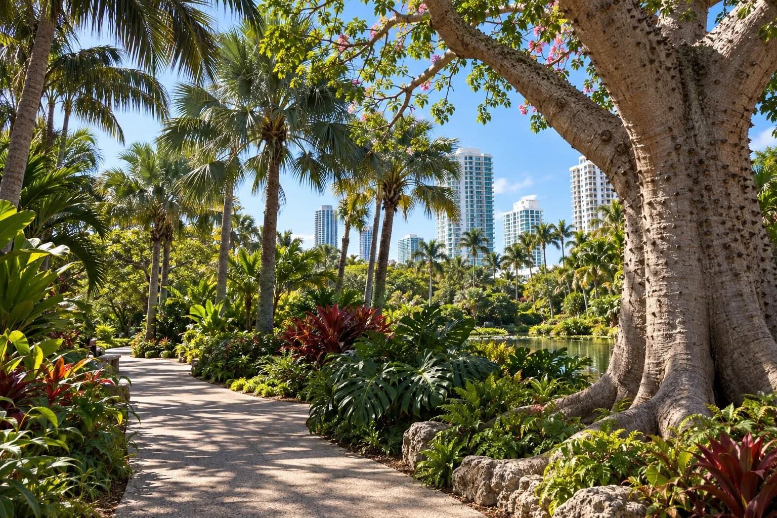 Shaded walkway through Miami Beach Botanical Garden with palms, lush subtropical planting and a silk-floss tree