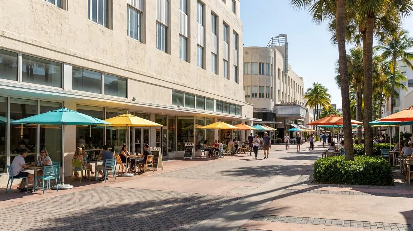 Lincoln Road pedestrian mall with palm trees and outdoor seating in Miami Beach