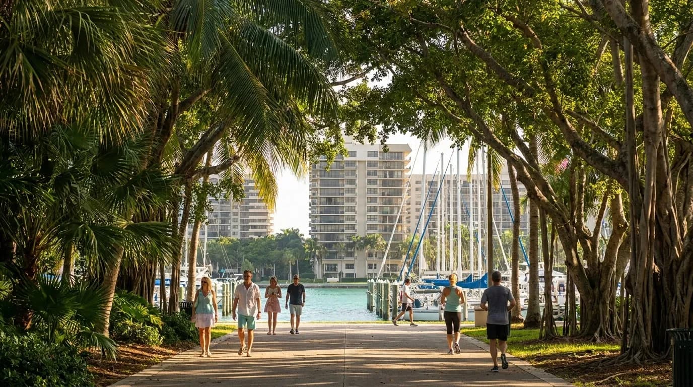 Coconut Grove waterfront with sailboats and tropical trees in Miami