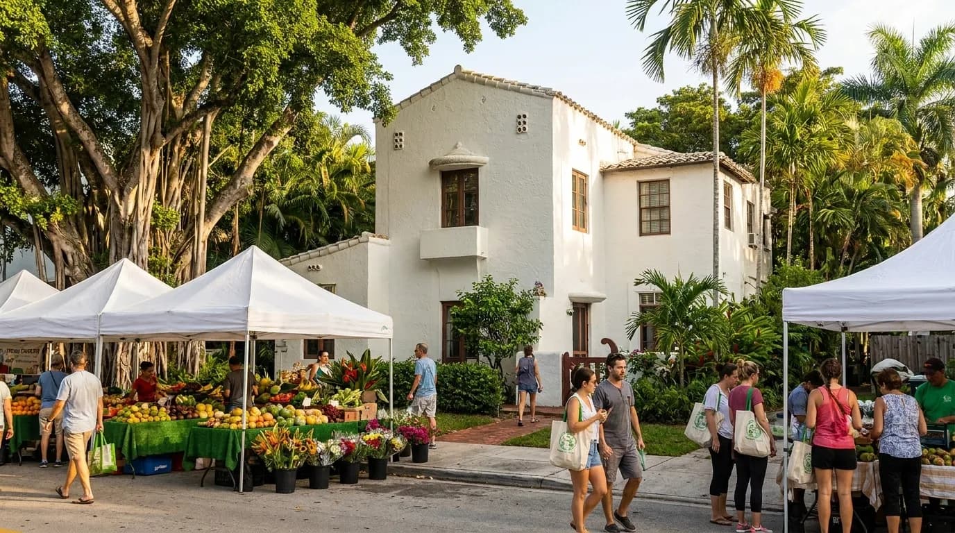 Morning vendors setting up colorful produce stalls at Coconut Grove Farmers Market