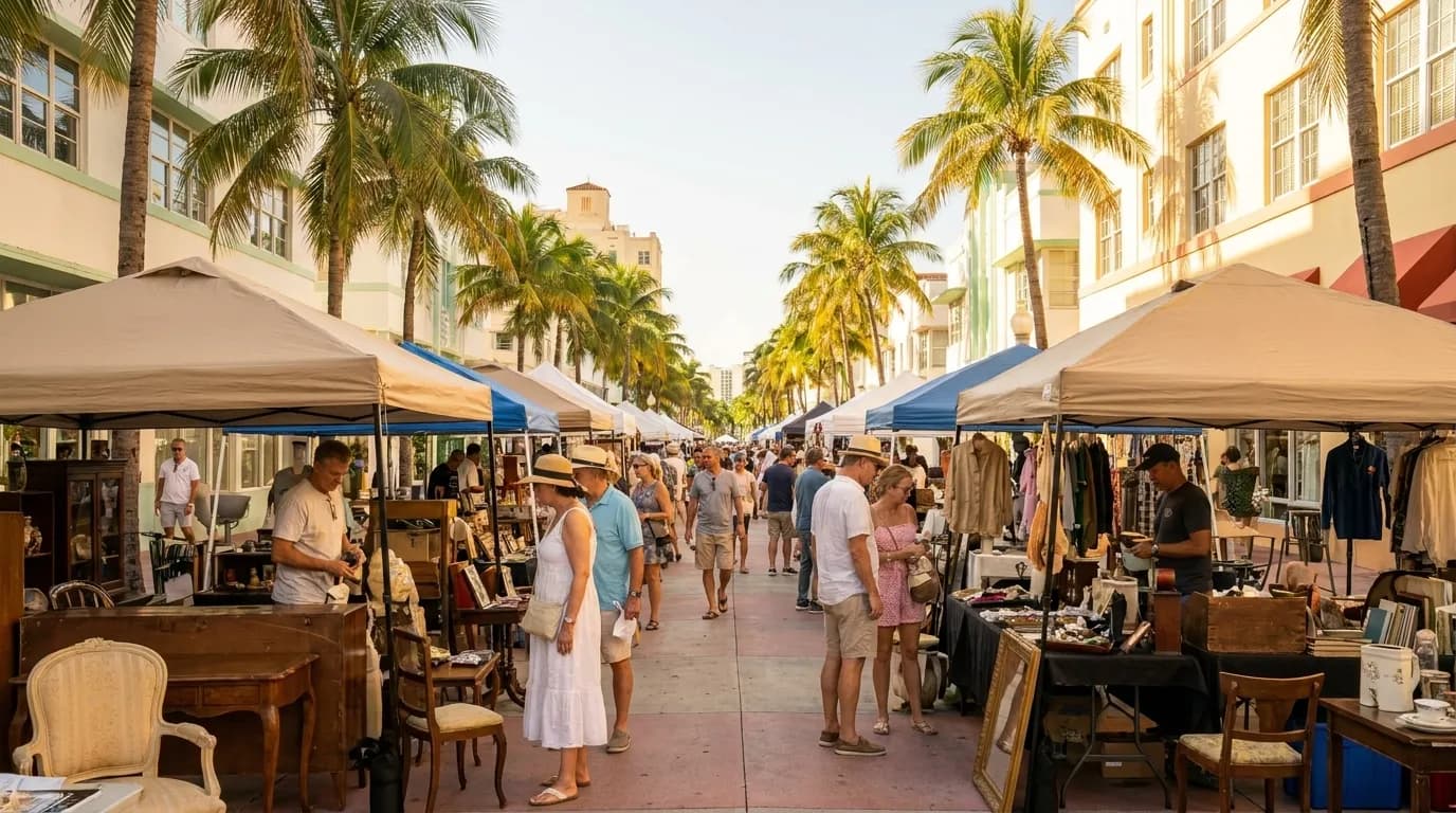 Lincoln Road pedestrian mall with palm trees and outdoor market stalls