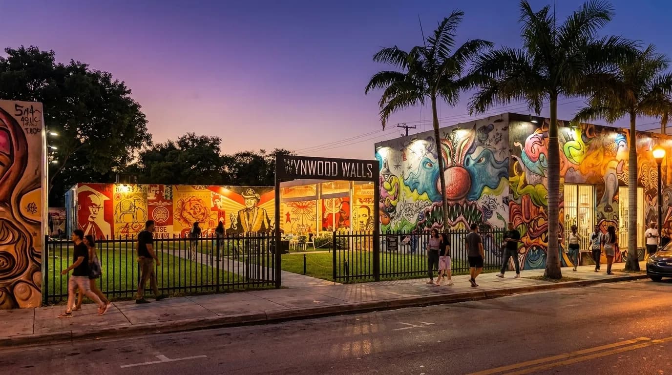 Illuminated street art murals at Wynwood Walls in Miami at dusk