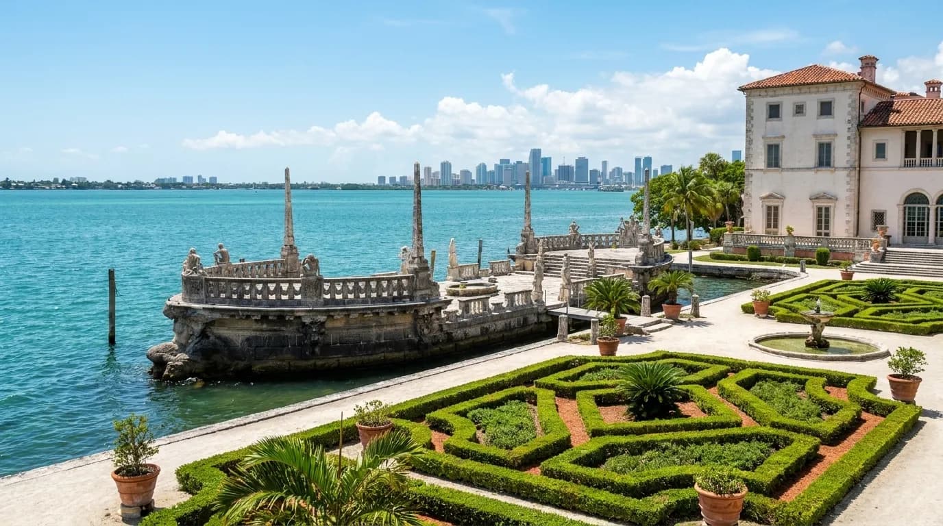 Italian Renaissance-style villa facade and formal gardens at Vizcaya Museum in Miami