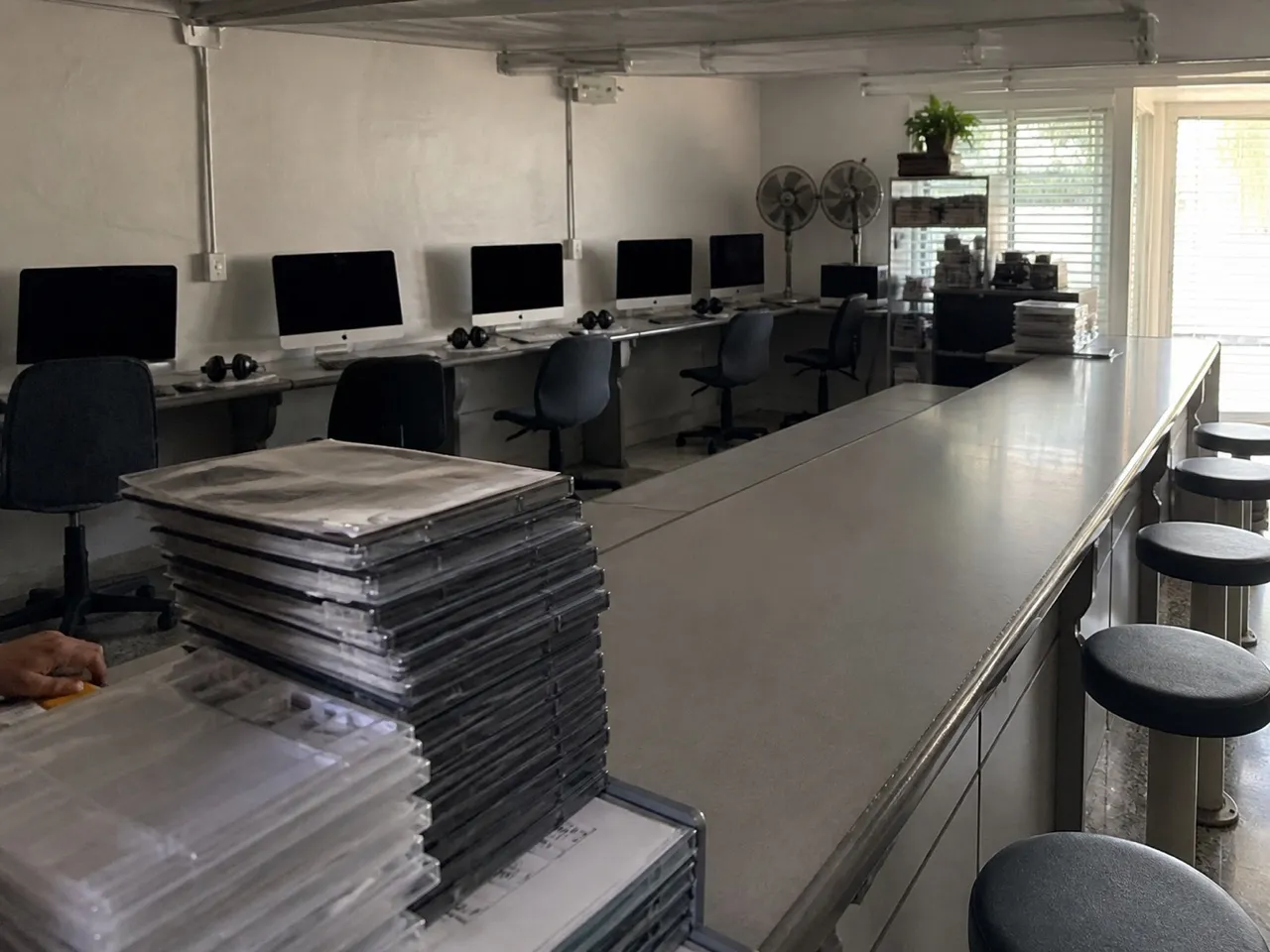 Row of editing workstations in a teaching room