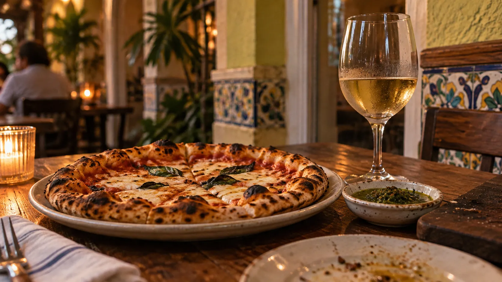 Blistered pizza, parsley-green sauce, wine and pale ceramic plates on a dark wooden table under warm light and colourful tile.