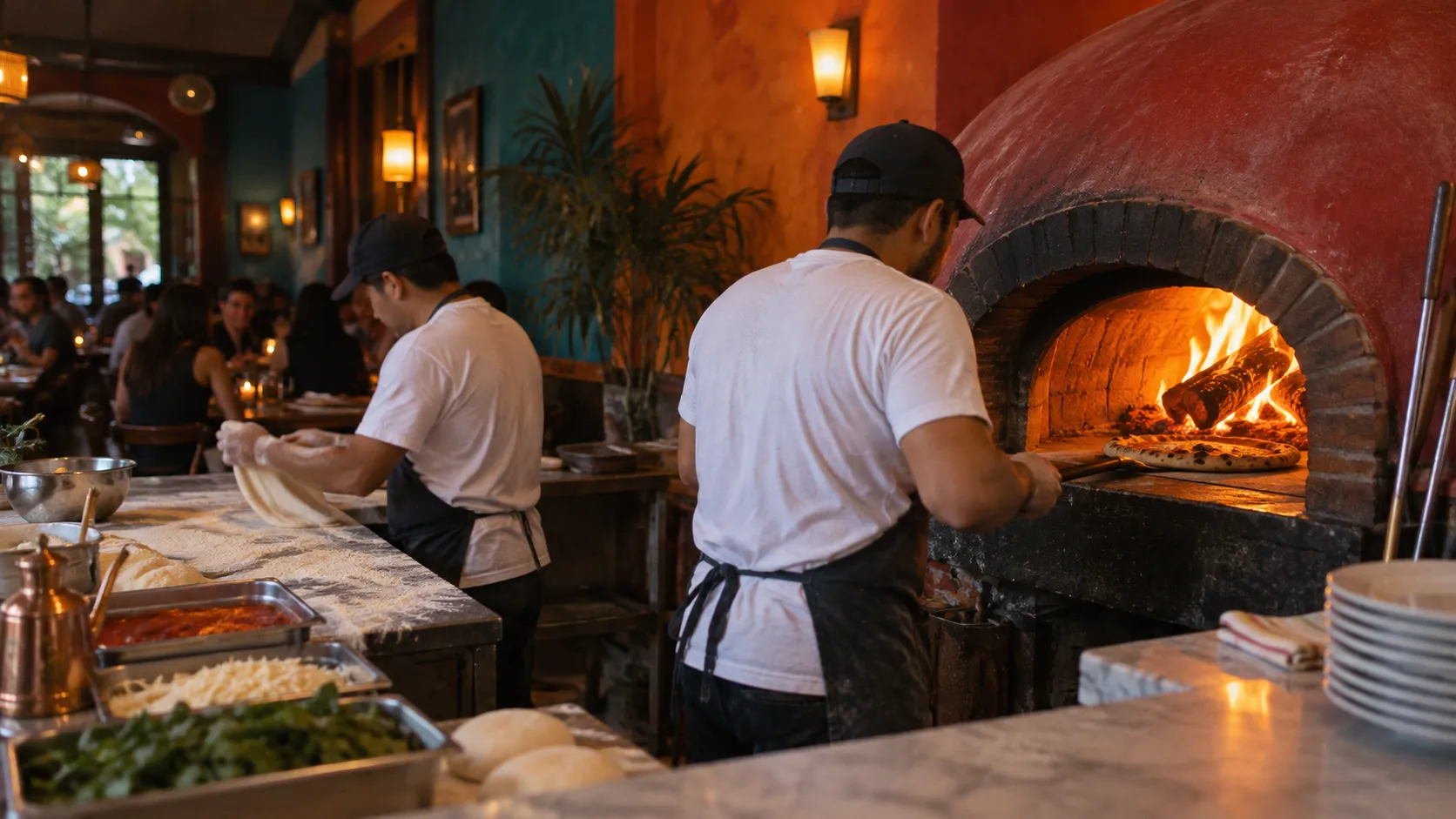 Cooks stretch dough beside a glowing wood-fired oven as the compact dining room fades into shadow and saturated wall colours.
