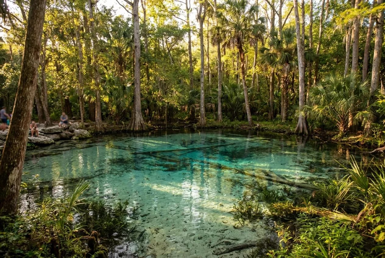 A clear freshwater spring pool ringed by trees, the bottom visible through it