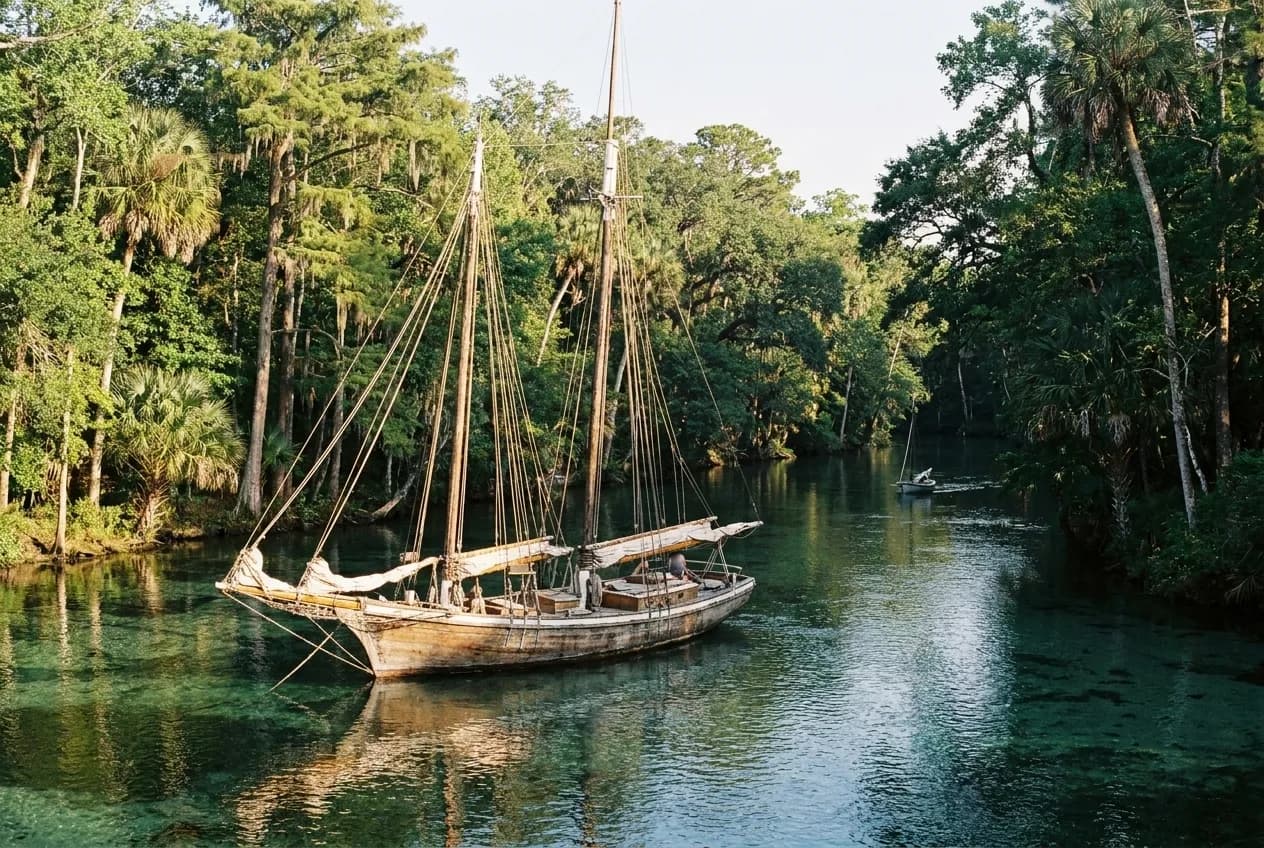 Clear spring-fed river running through dense Florida forest