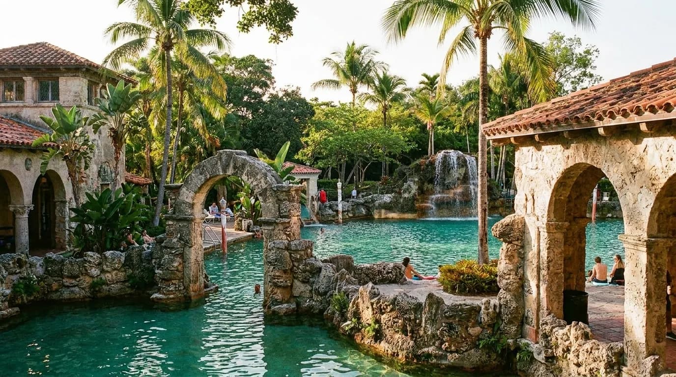Historic Venetian Pool in Coral Gables with arched bridges and palm trees