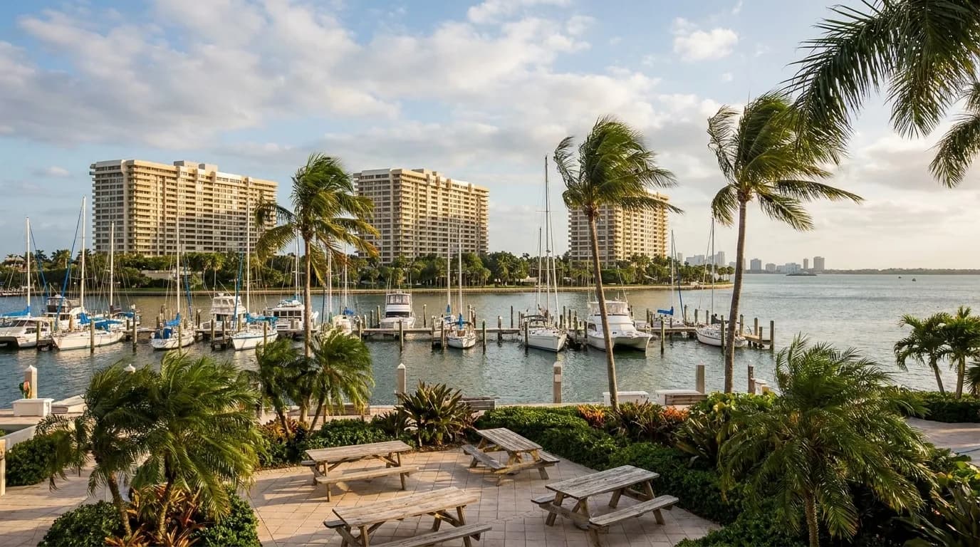 Biscayne Bay view with sailboats and outdoor dining tables in Coconut Grove