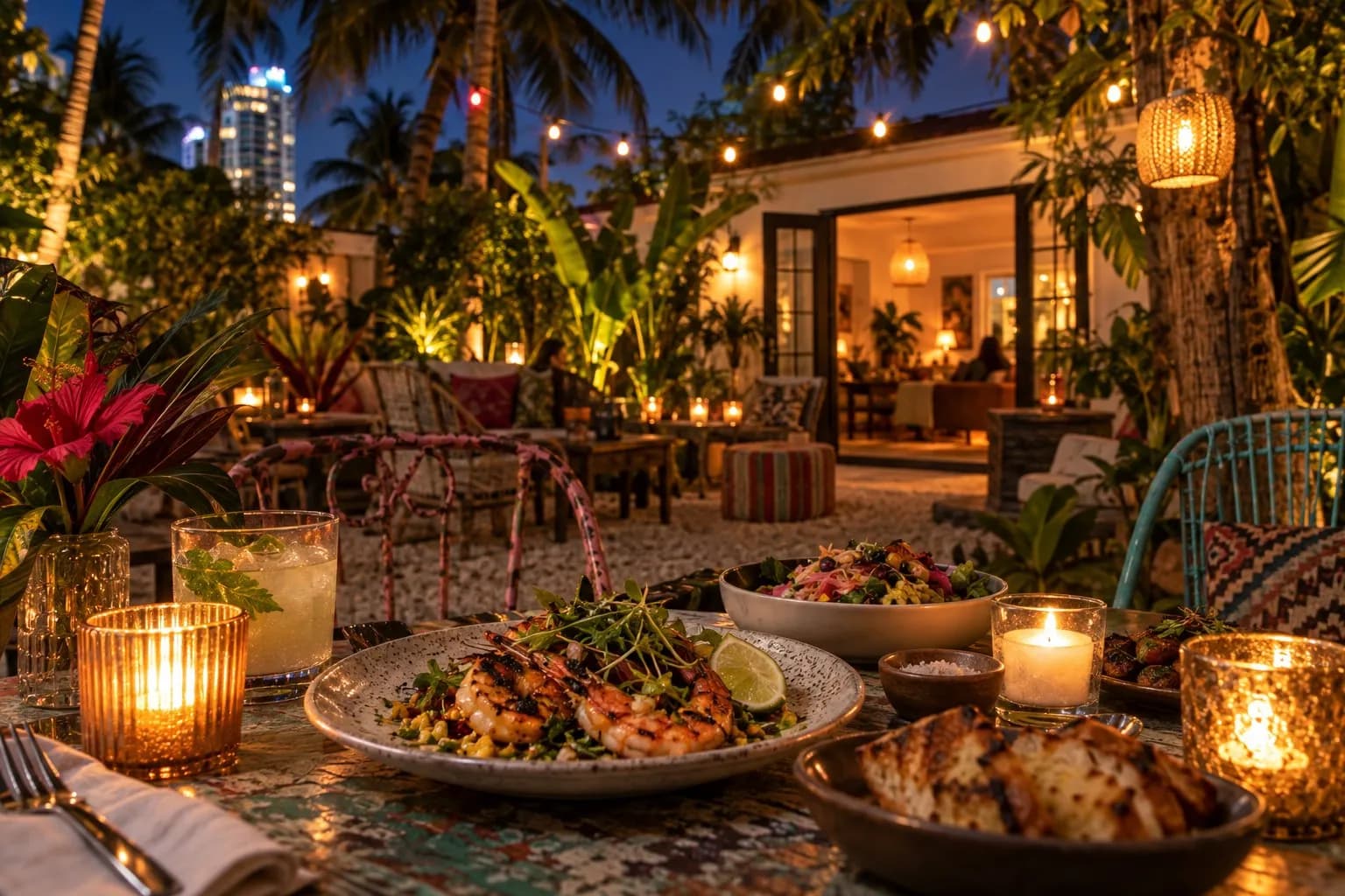 Leafy Lagniappe House backyard with mismatched patio furniture, tea lights and warm string lights at night
