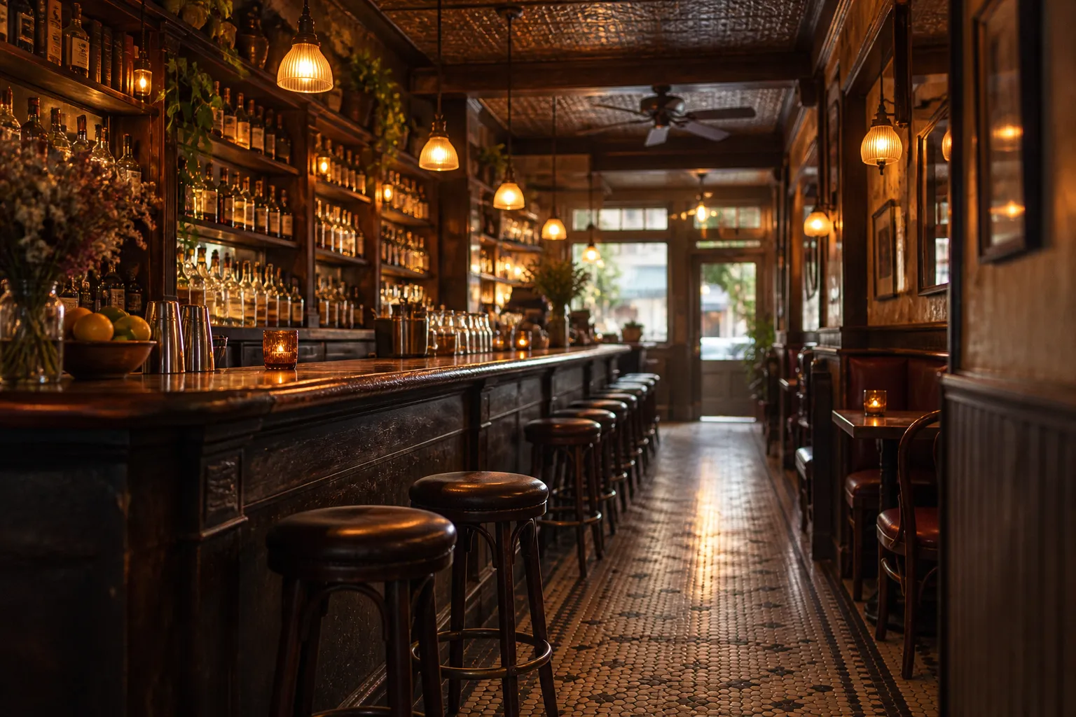 A long dark wooden bar with bottles along the back wall
