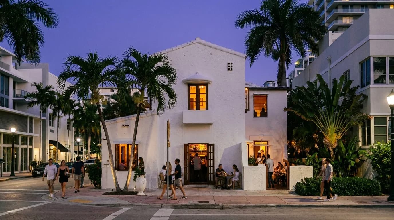 Midtown Miami street at night with storefronts and pedestrian traffic