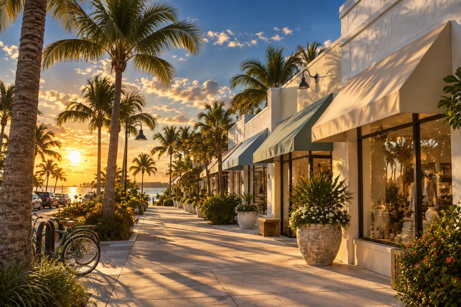 A low-rise shopping street on Key Biscayne in the afternoon