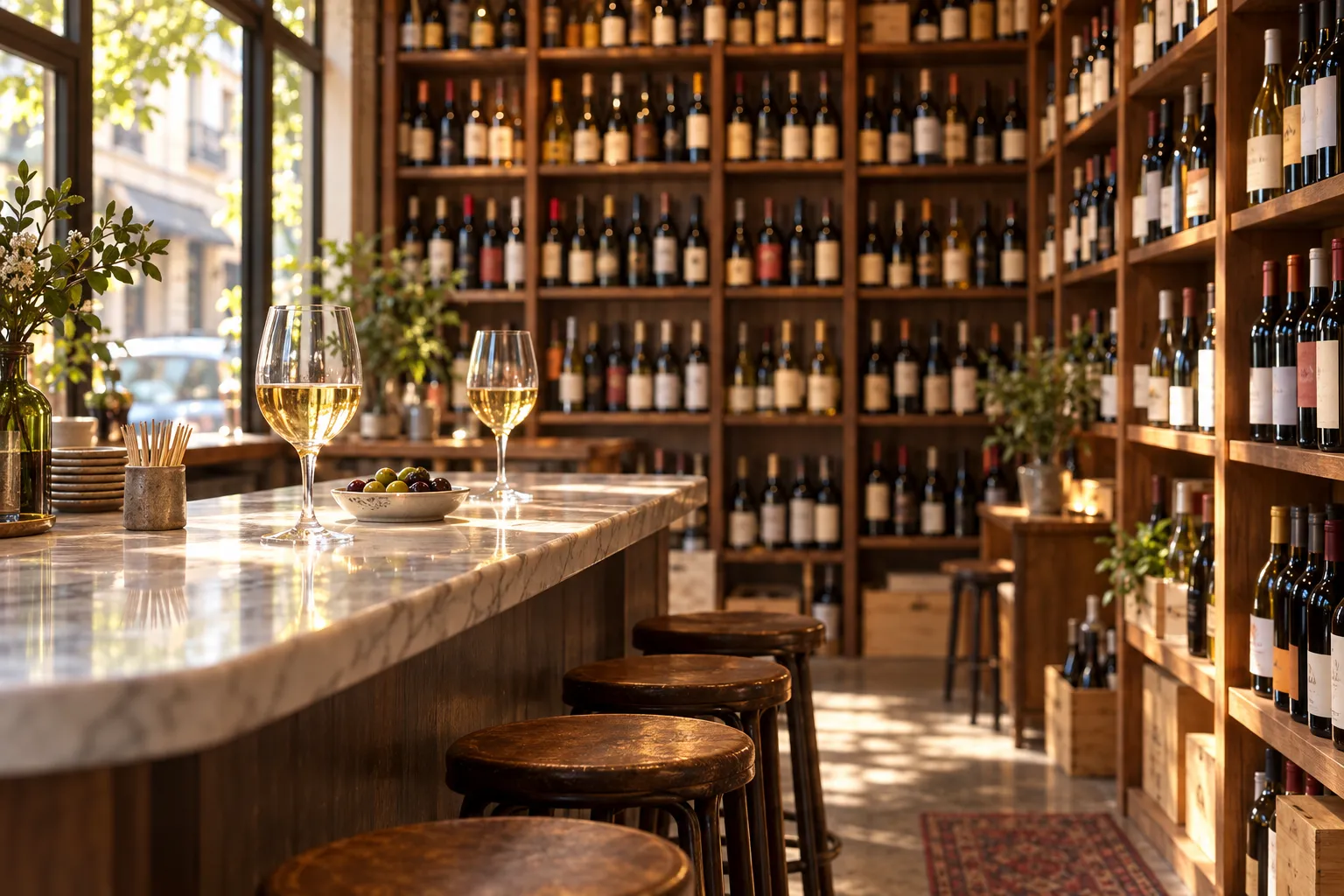 Wine shelves lining a shop with a small bar counter in front