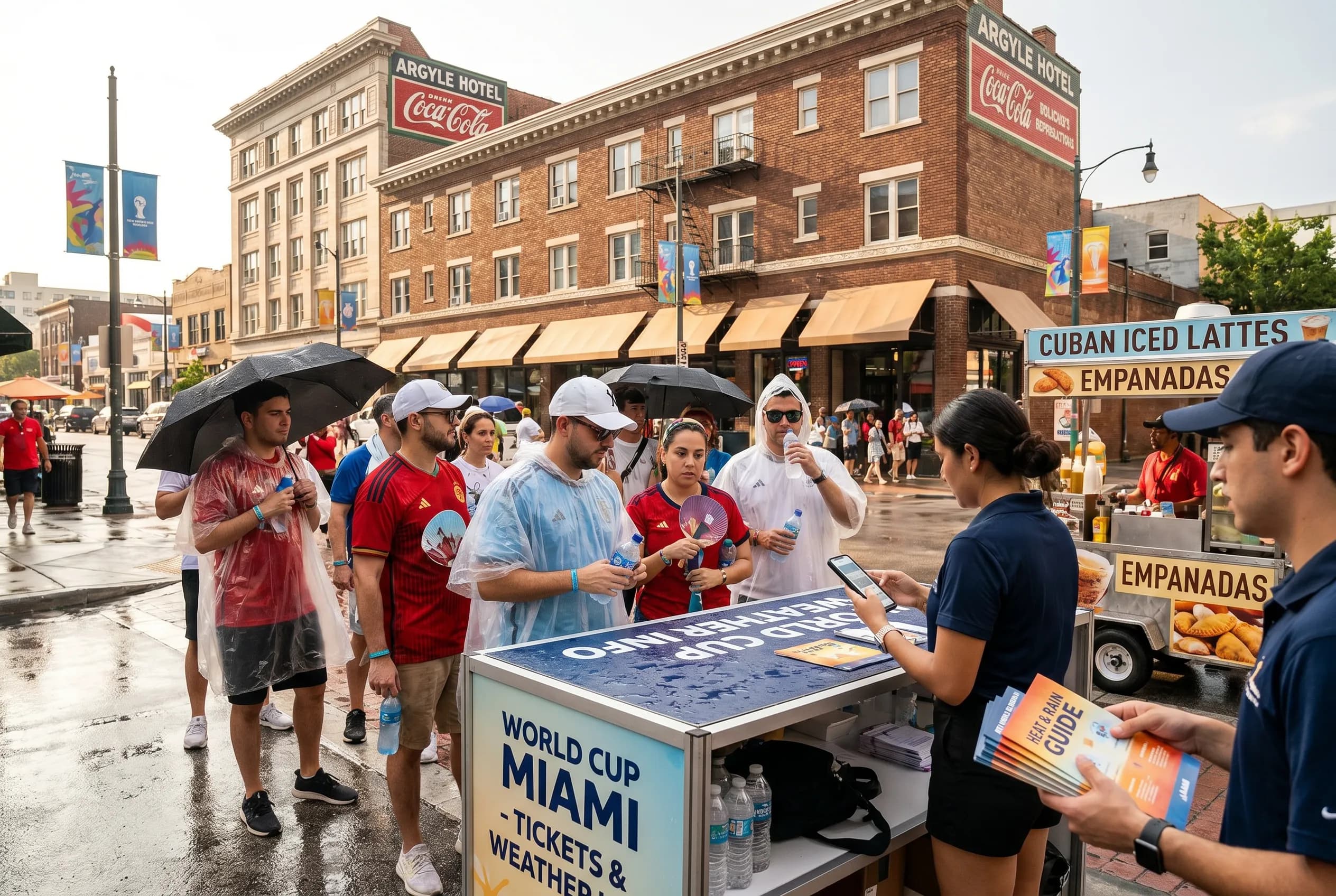 A bright practical scene for miami world cup heat and lluvia survival guide.