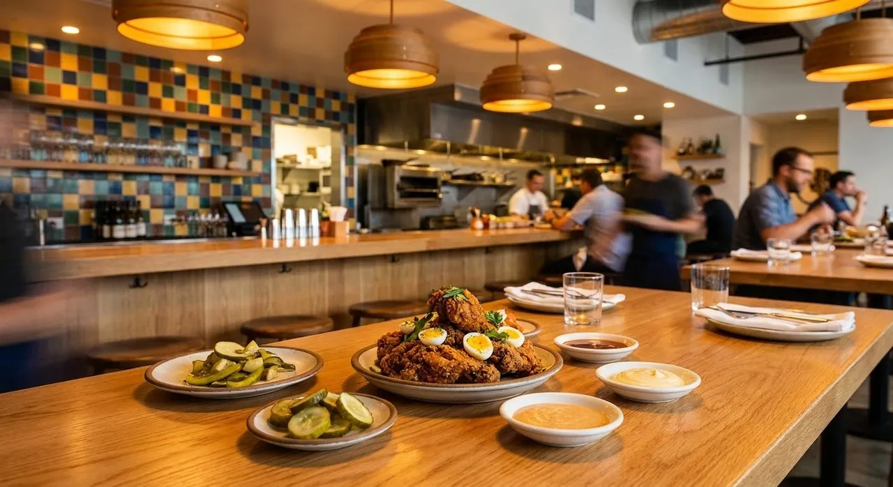 Small plates and fried chicken on a warm San Francisco dining room table