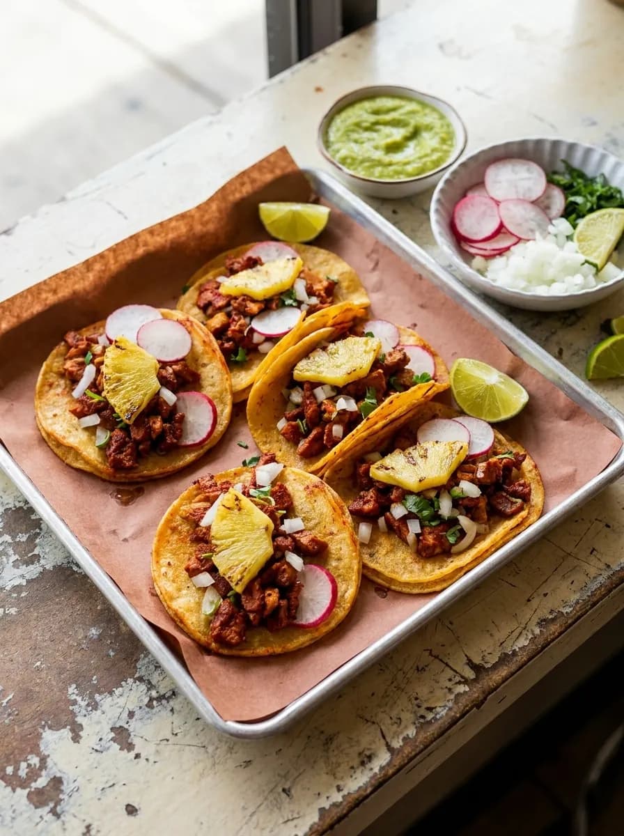 Adobada tacos topped with grilled pineapple, onion and cilantro on a paper-lined metal tray with green salsa and lime wedges