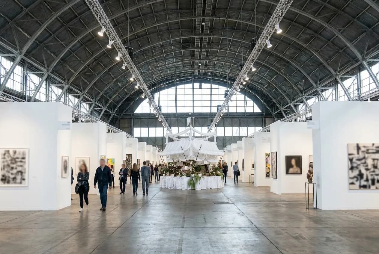 A large hangar interior filled with temporary white exhibition walls