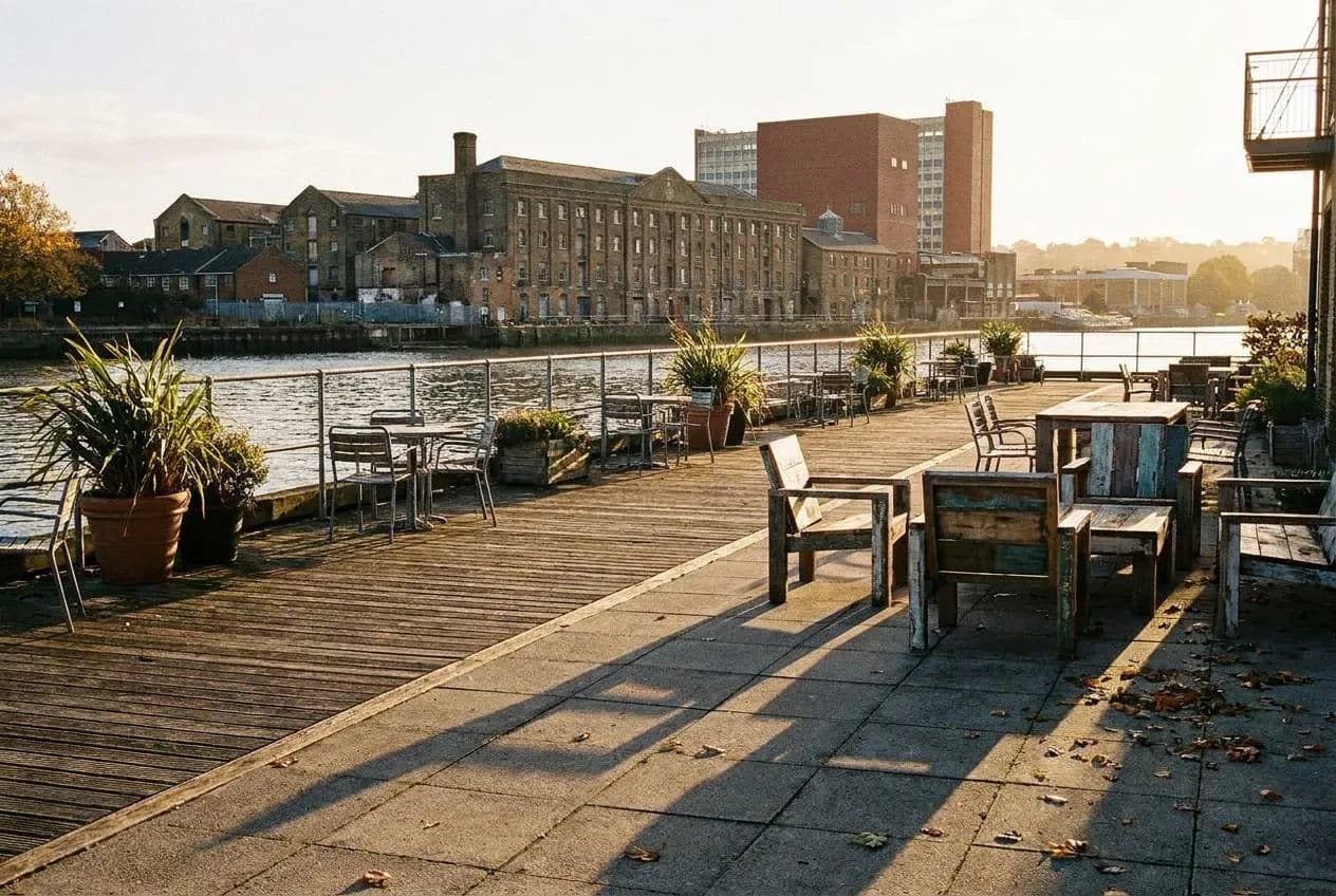 Minnow's waterfront tables when the East River light turns golden