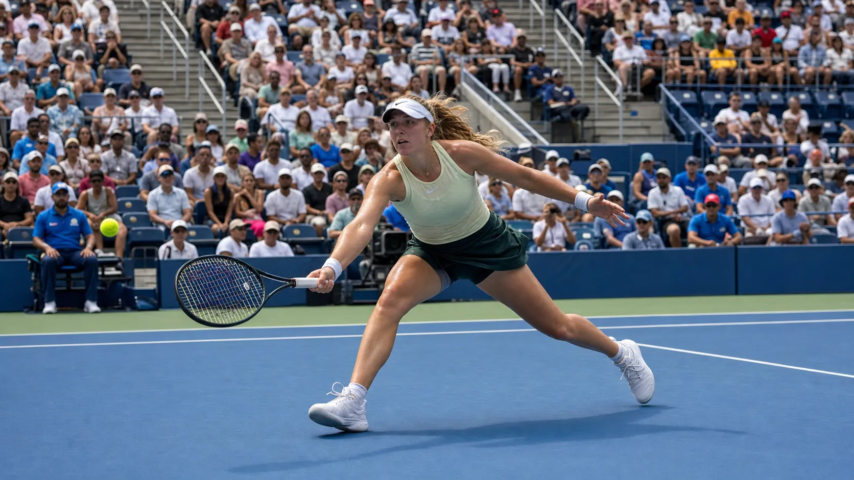 Photorealistic US Open tennis scene for Mirra Andreeva’s US Open Challenge Against Elite Power Hitters.