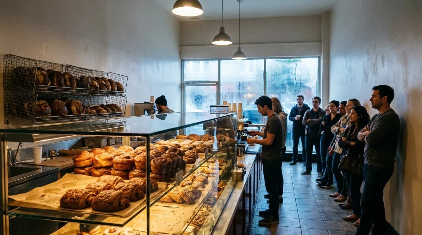 The pastry case and morning queue inside a busy Mission District bakery in San Francisco