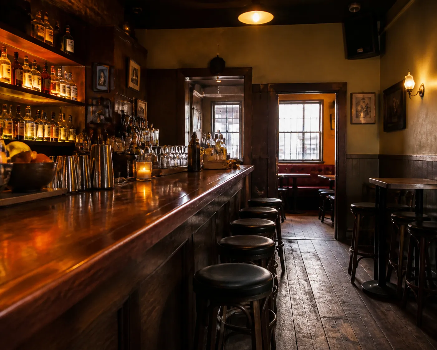 Dim neighborhood bar interior with bottles, stools, and a simple counter