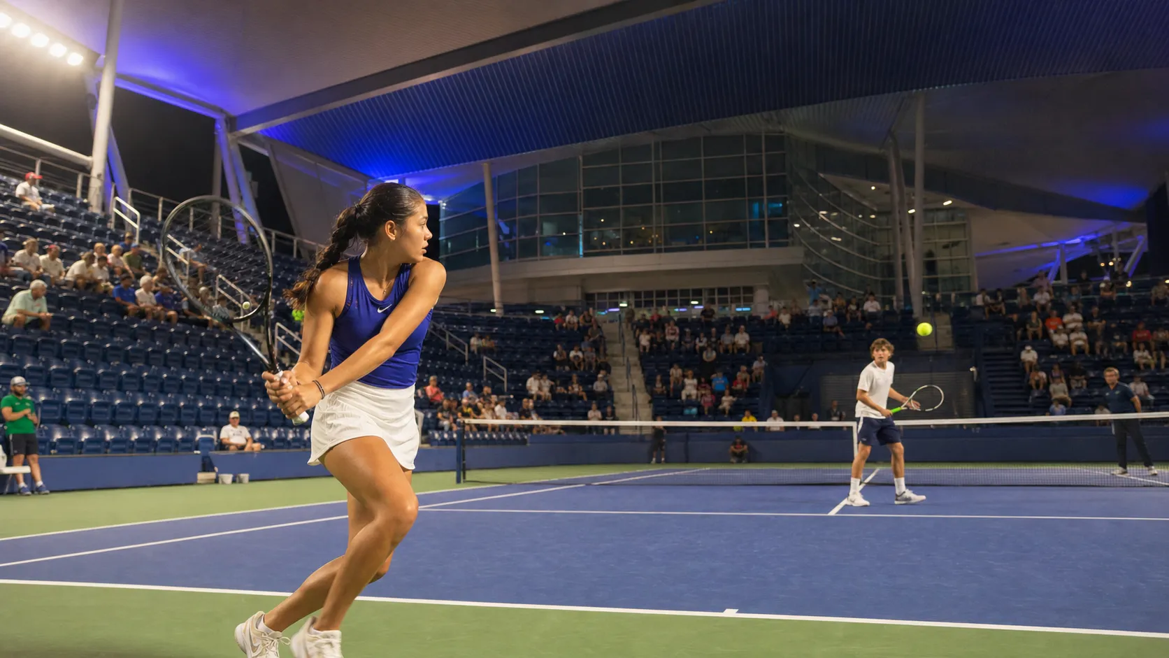 Photorealistic tennis scene illustrating Mixed Doubles at the US Open: Format and Fan Guide.