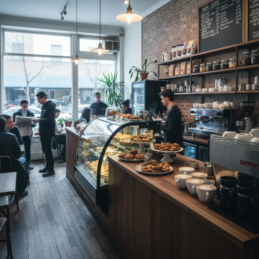 Editorial-style realistic scene inspired by Moa Coffee Astoria in New York.