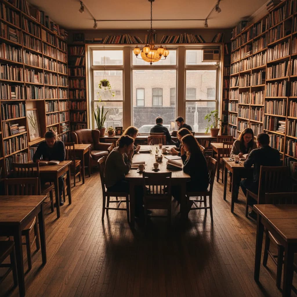 Editorial-style realistic scene inspired by Molasses Books in New York.