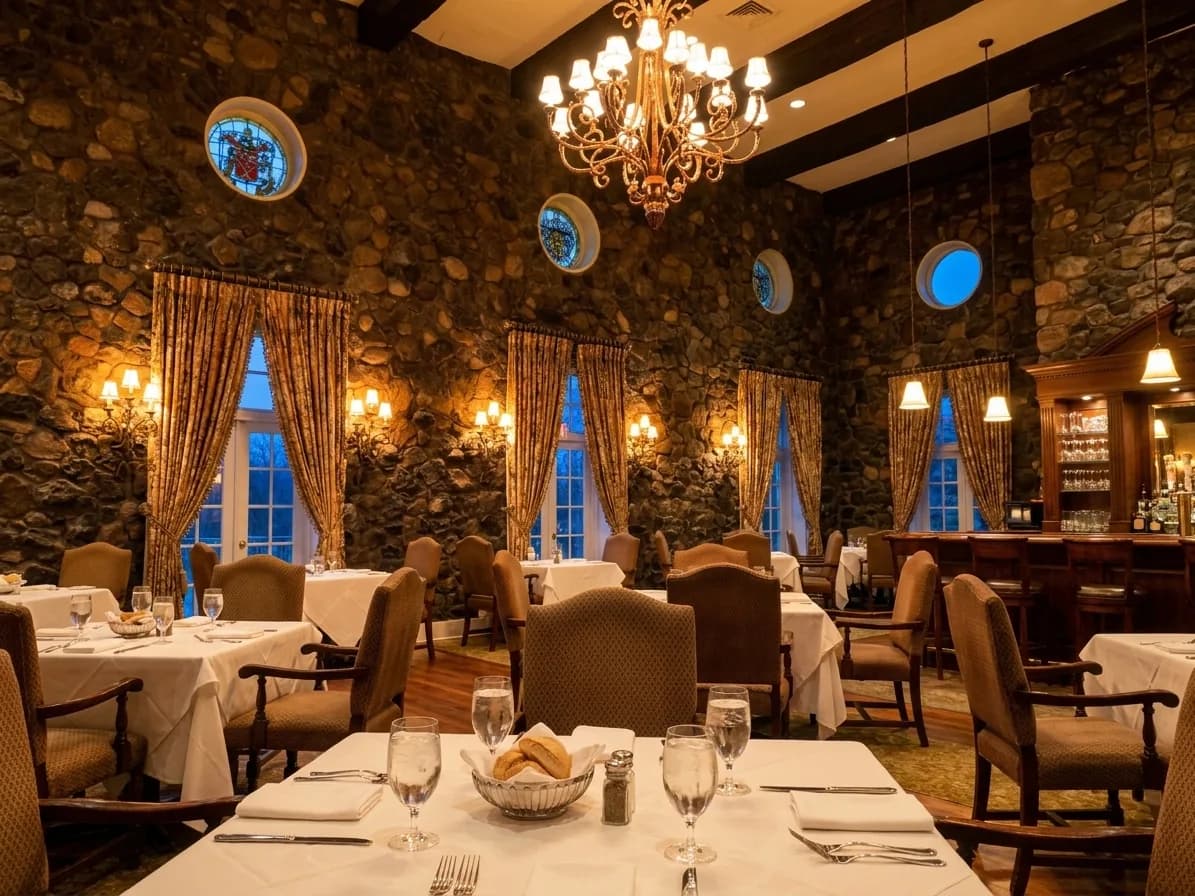 A restaurant dining room in early evening with lit pendant lamps