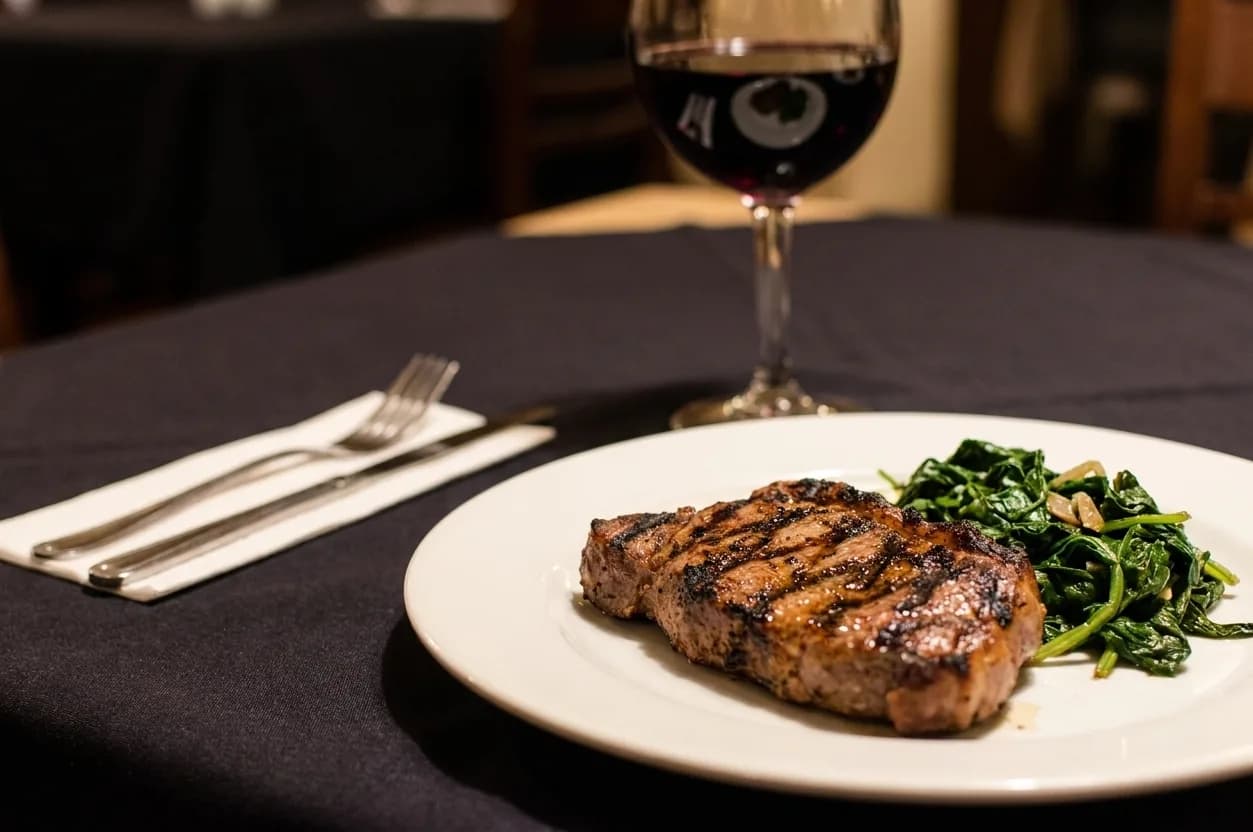 A plated dinner and a glass of wine on a dark restaurant table