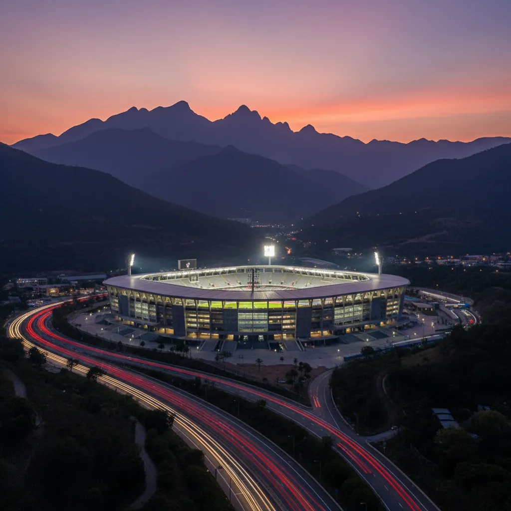 A modern stadium in a mountain valley lit up for a World Cup match